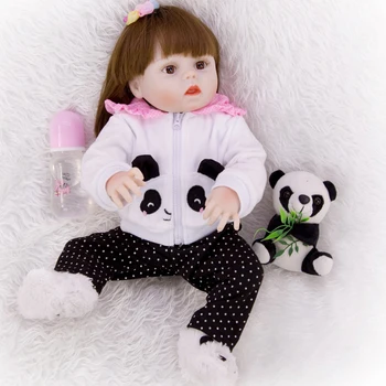 

Smooth long hair 48CM bebe reborn toddler girl doll in panda clothes full body soft silicone realistic baby Bath toy waterproof