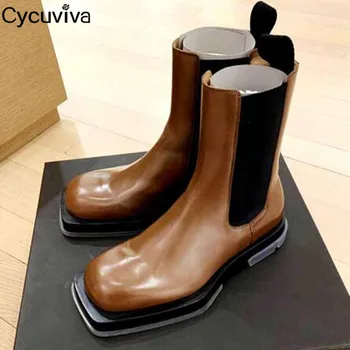 

Runway Thick Clear Sole Chealse Ankle Boots For Women Brown Leather Platform Casual Ladies Shoes Slip On Flat Knight Boots Women
