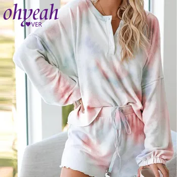 

Ohyeahlover Women's Pajamas Tie-Dye Drawstring Casual Long Sleeve Sleepwear Cotton Fashion Plus Size Homewear Suit 2 Pcs RA80997