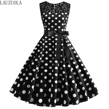 

White Polka Dot Lace Patchwork Summer Dresses Women Sleeveless Swing Pinup Vintage Rockabilly Dress Knee Length 2020 Vestidos