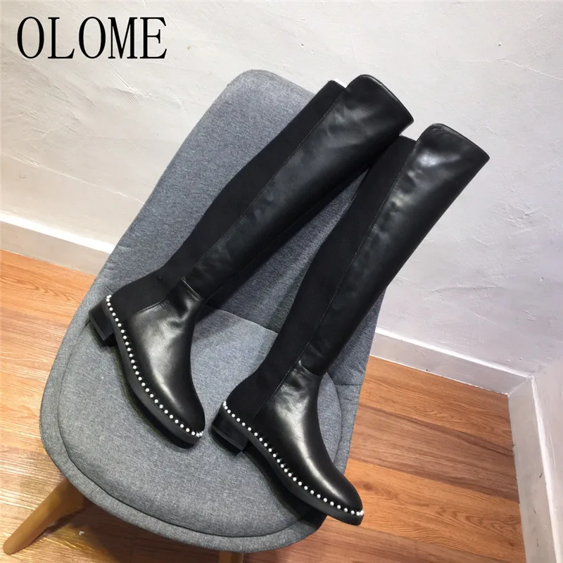 

OLOME New Fashion Black GenuineLeatherWomen Over the Boots Round Toe Pearls Thick Low Heel Women Autumn Winter Boots Shoes Woman