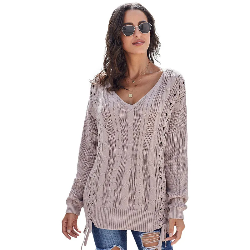 Pink Sweaters SEBOWEL, длинный рукав, ребристая вязка, шнуровка, женские пуловеры, свитера, женские, для осени и зимы, v-образный вырез, свитер, топы, Ретро стиль, S-XL - Цвет: Pink Sweaters