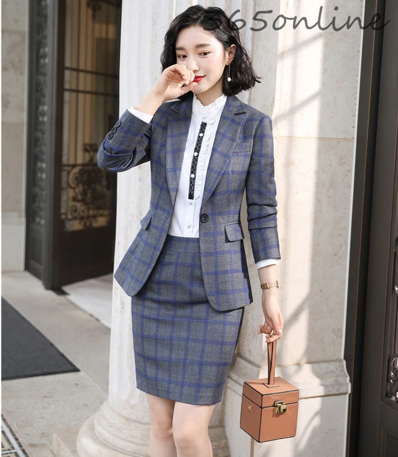 High Quality Fabric Elegant Plaid Autumn Winter Formal Women Business Suits with Skirt and Tops Ladies Office OL Styles Blazers