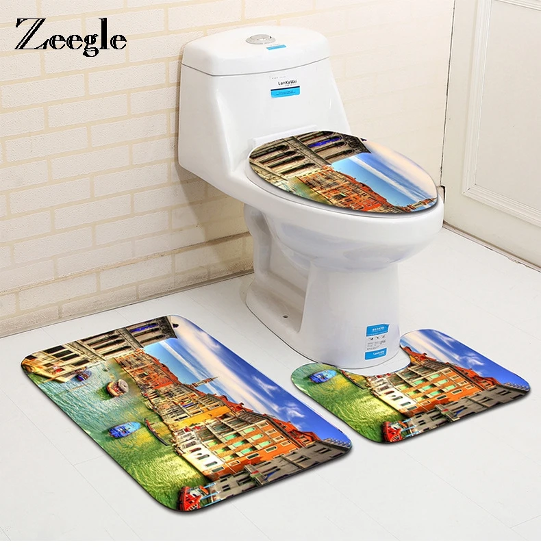 Zeegle Venice Scenic Pattern Bath Rug Bathroom And Toilet Non-Slip Bath Mats Absorbent Toilet Lid Cover Barthroom Carpet