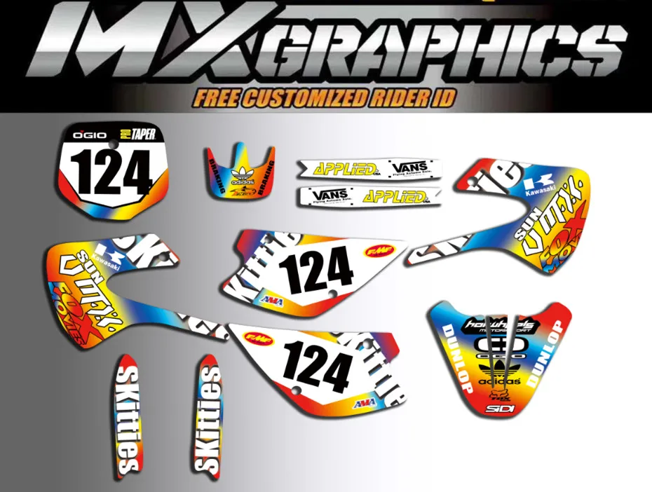 Пользовательские команды Графика Фоны наклейки комплект для Kawasaki KX85 KX100 1998 1999 2000 2001 2002 03 04 05-13