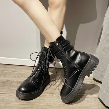 

Rimocy Fashion PU Leather Ankle Boots for Women Round Toe Flats Lace Up Platform Shoes Woman Autumn Winter Motorcycle Botas 2020