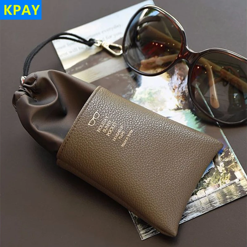 PU Leather Lightweight Waterproof Cloth Glasses Protector Case Hook Waterproof Eyewear Rope Push-Pull Closure Sunglasses Bag