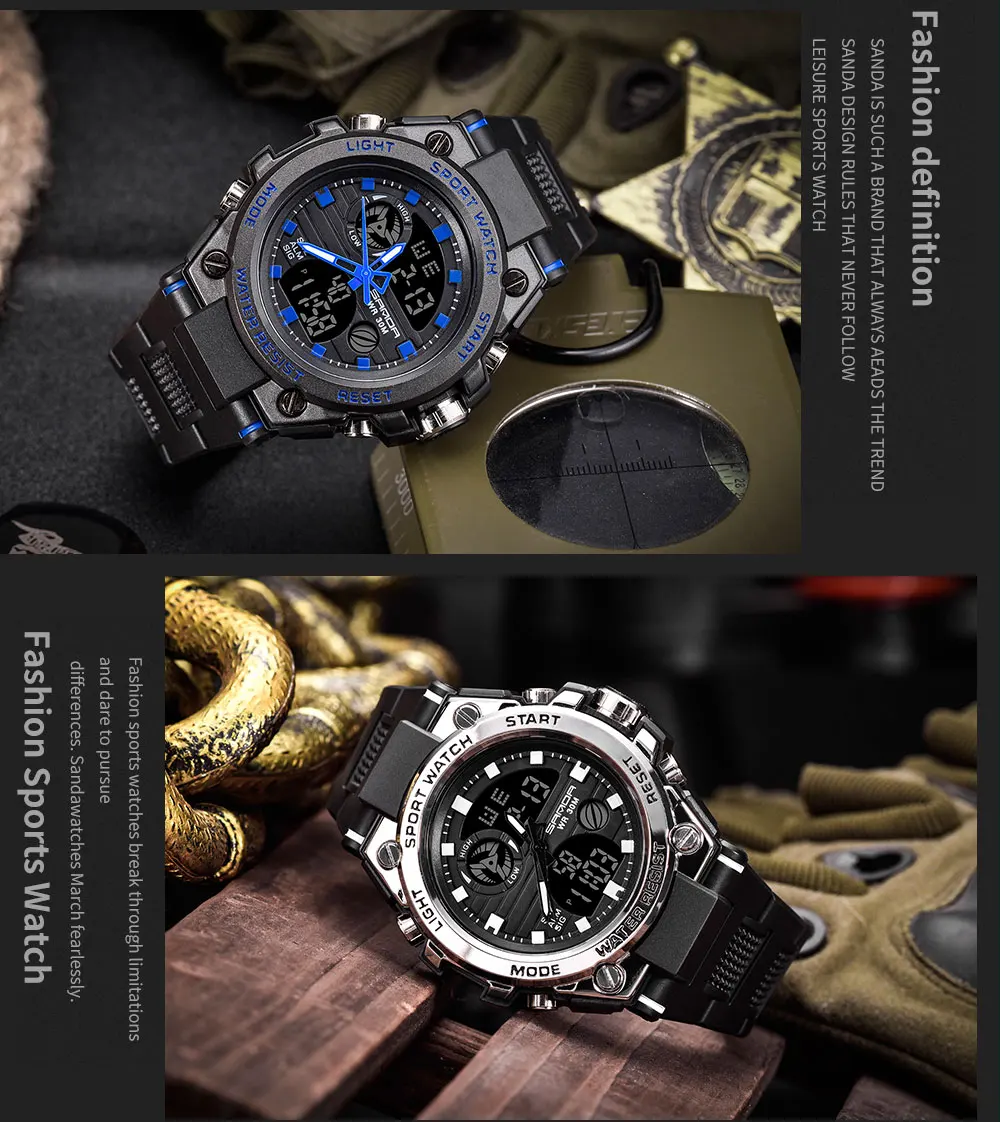 SANDA Top Luxury Watches Men Military Army Mens Watch Waterproof Sport Wristwatch Dual Display Watch Male Relogio Masculino