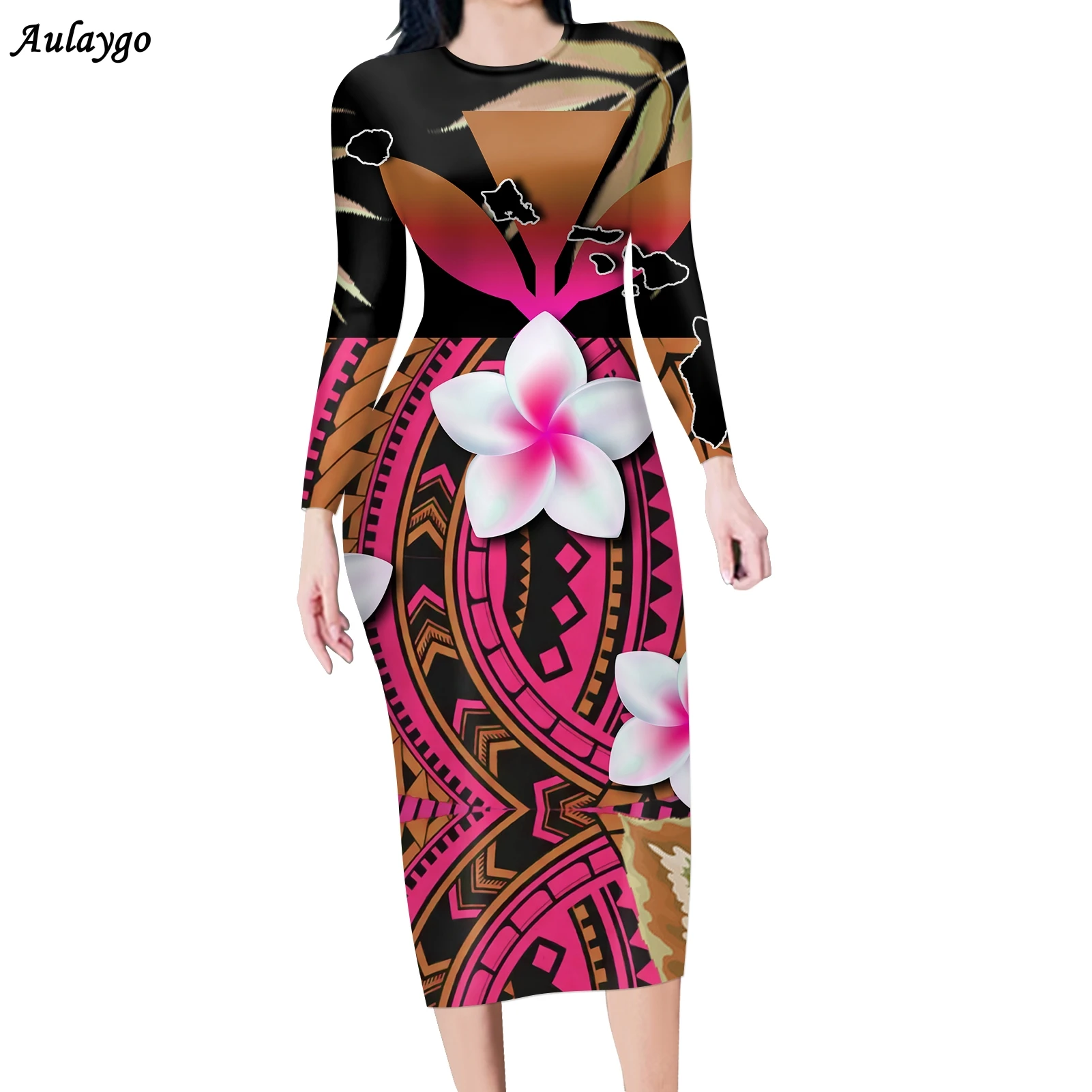 

Aulaygo Womens Long Sleeve Slim Pencil Dress Cook Islands Polynesian Plumeria Elegant Tuni Bodycon Hawaii Women Autumn Clothes