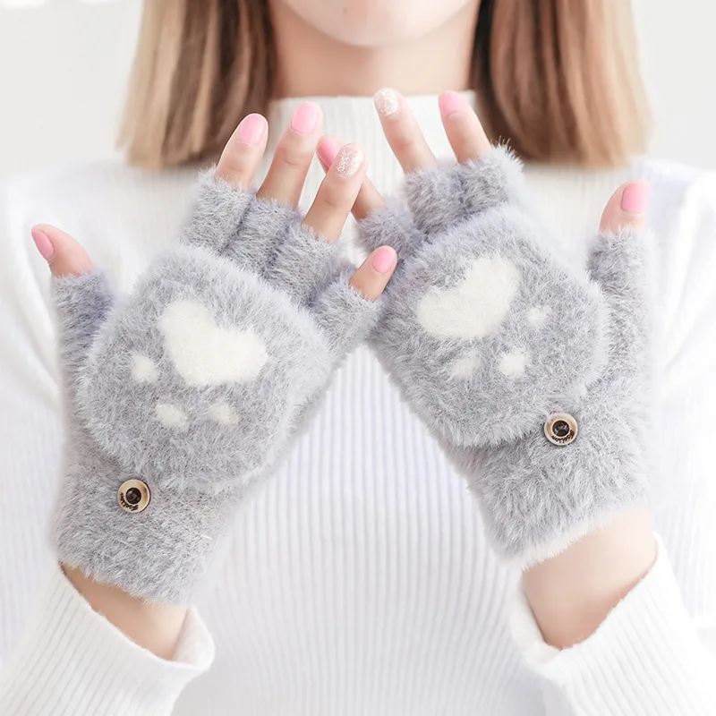 New Knitted Gloves Women's Winter Flip Cute Cat Claw Plush Thickened Half  Finger Outdoor Riding Warm Gloves - Gloves u0026 Mittens - AliExpress