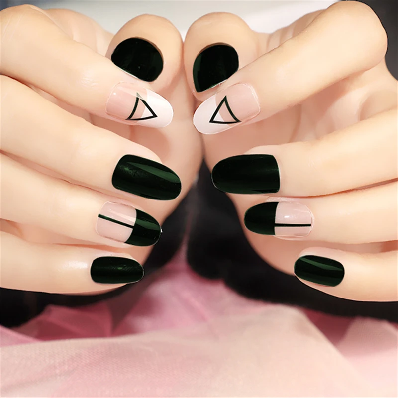 

Nusx 24pcs/set Dark Green Finished Fake Nails Round Head Short Full Cover Triagle Line Pattern Long False Nails With Glue FA080