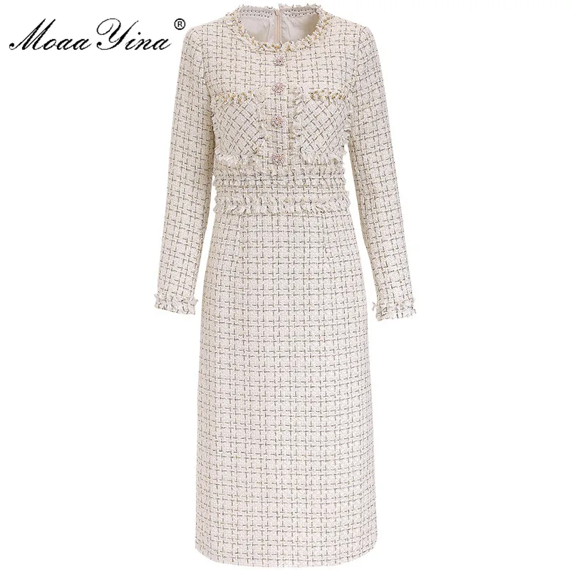 Beige MoaaYina, модное дизайнерское женское платье, роскошное, ручная работа, бисер, Круглый ворот, длинный рукав, вязанное твидовое, тонкое платье-карандаш - Color: Beige