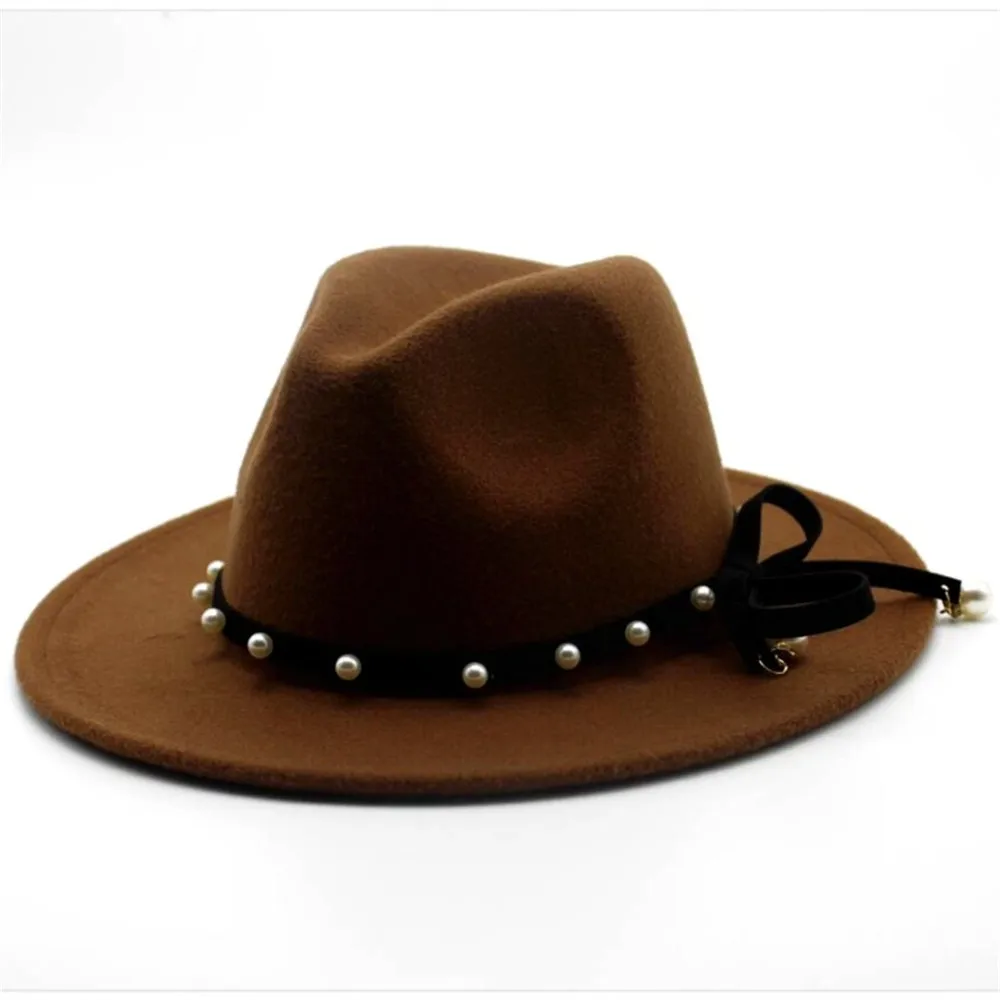 Light Coffee Модная женская и Мужская шерстяная шляпа Fedora с заклепками в стиле панк, элегантные женские вечерние шляпы, шляпа с бантиком, размер 56-58 см - Цвет: Light Coffee