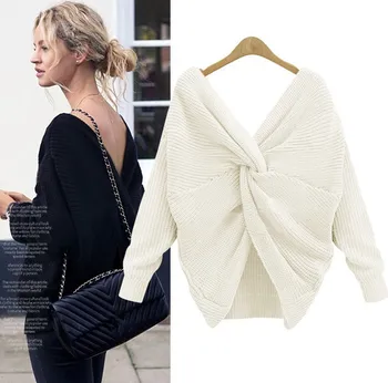 

Women Sexy Open Back Sweater Big Tie V-Neck Full Sleeve Sweaters Solid Color Knitted Pullovers Elegant Knitwear sweater women