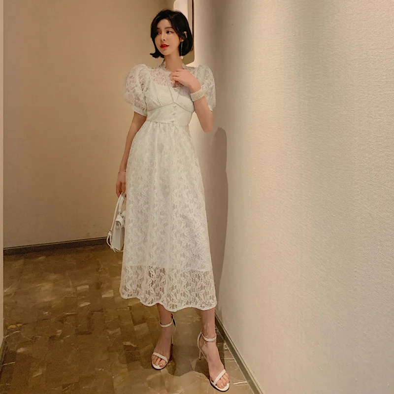 

2020 summer new women's French sweet temperament waist slimming big swing lace dress Solid Office Lady Knee-Length