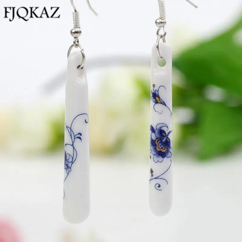 

Ethnic style handmade peony ceramic earrings women's fashion blue and white jewelry 925 silver unusual gift