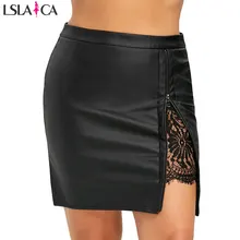 Мини-юбка, одноцветная, тонкая, кружевная, соединенная, элегантная, Женская юбка, искусственная кожа, модная, повседневная, элегантная, для ночного клуба, вечерние, юбка размера плюс