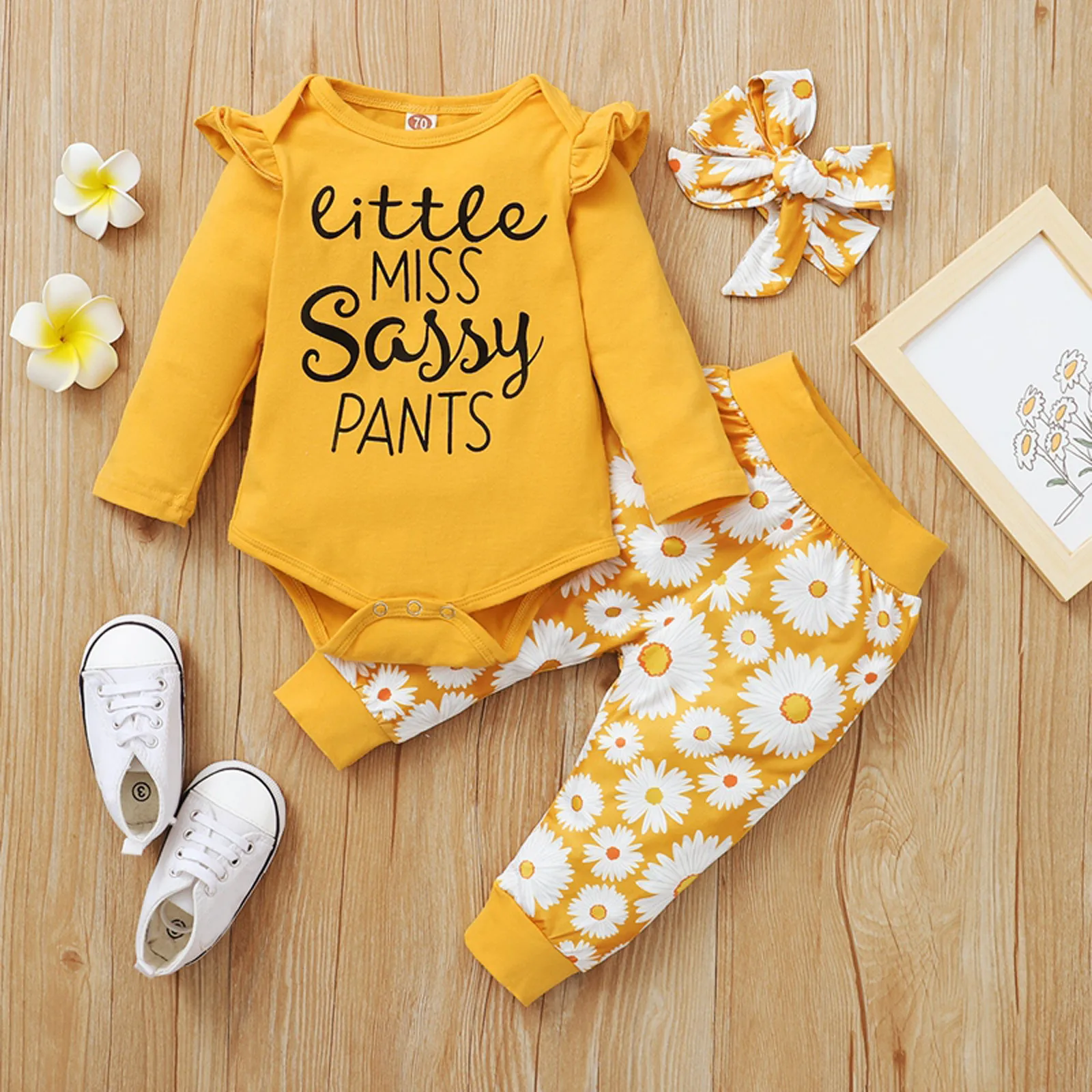 

3-24Months Newborn Infant Baby Girls Letter Romper Tops Sunflower Floral Pants Outfits Set Yellow flower Fresh and sweet warm M5