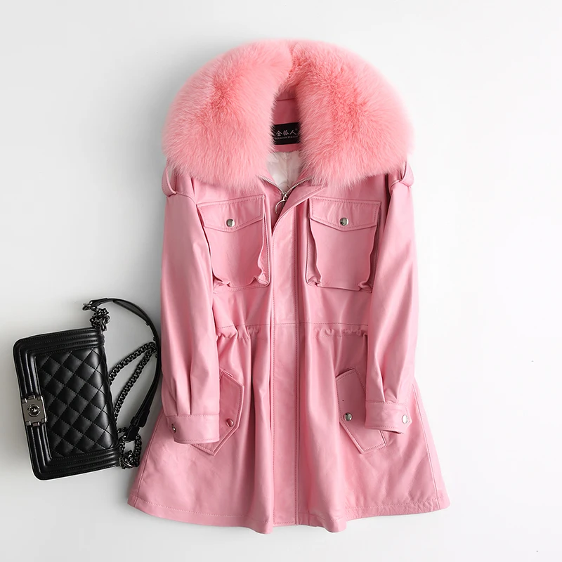 Pink pink fur Куртка из натуральной кожи, зимнее пальто на утином пуху, Женская куртка из натуральной овчины, женская одежда, Veste Femme 17888 YY1041 - Цвет: Pink pink fur