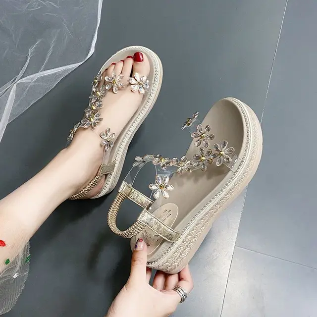 Ladies Platform Sandals White Beige Black Wedge High Heels Summer Shoes Rhinestone Flower Ins Fashion Design 2021 Comfortable beige