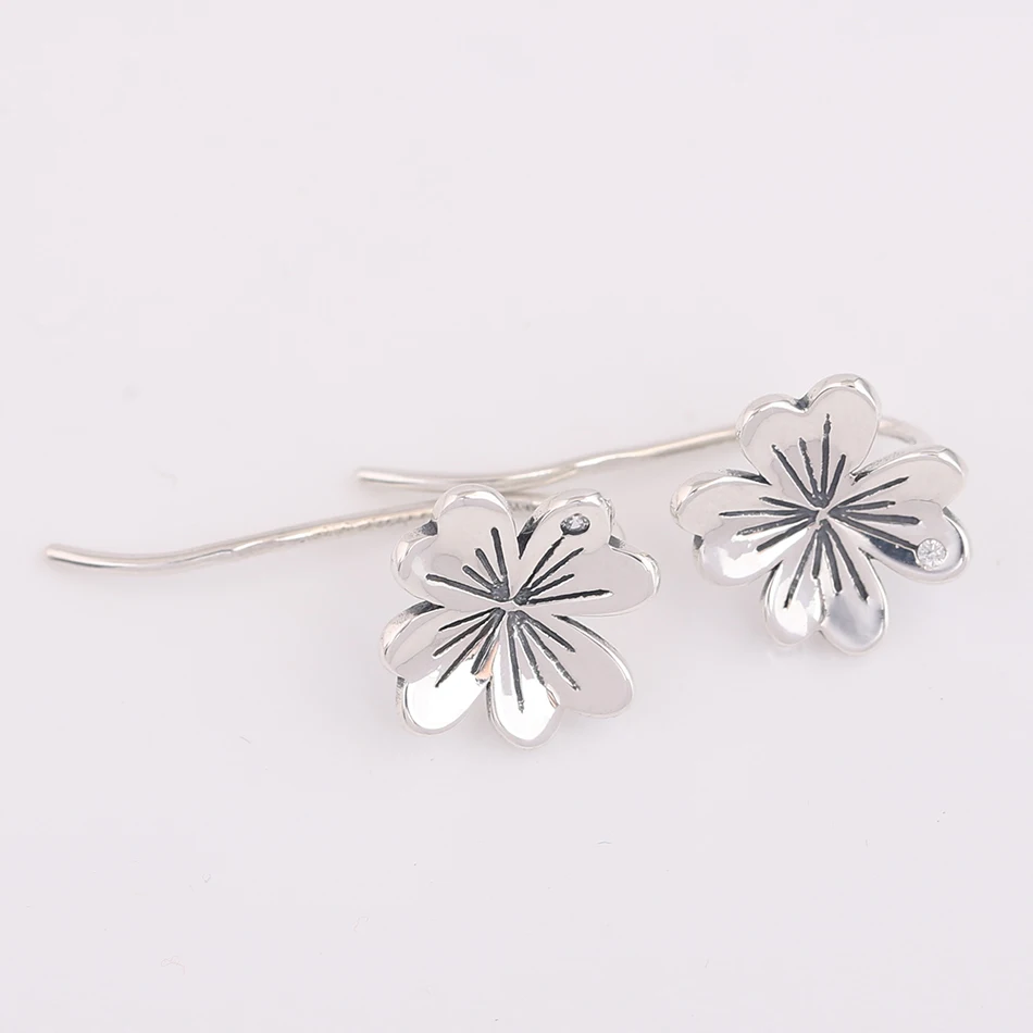 

Authentic 925 Sterling Silver Lucky Four-Leaf Petals With Crystal Clover Earring For Women Wedding Gift fit Lady Fine Jewelry