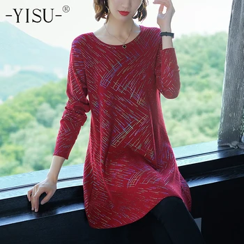 

YISU Knitted Sweater Dress Women Autumn Winter Long Sleeve Loose O-Neck Pullover Dress fashion Neon line Printed sweater dress