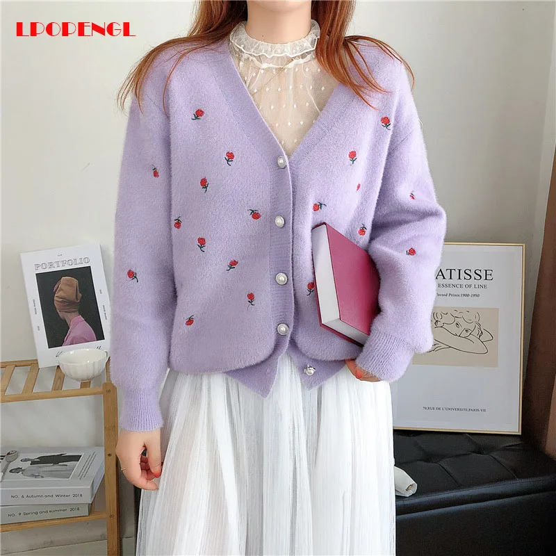 

Sweater jacket women 2020 spring and autumn women's short V-neck flowers fashion all-match long-sleeved knitted cardigan