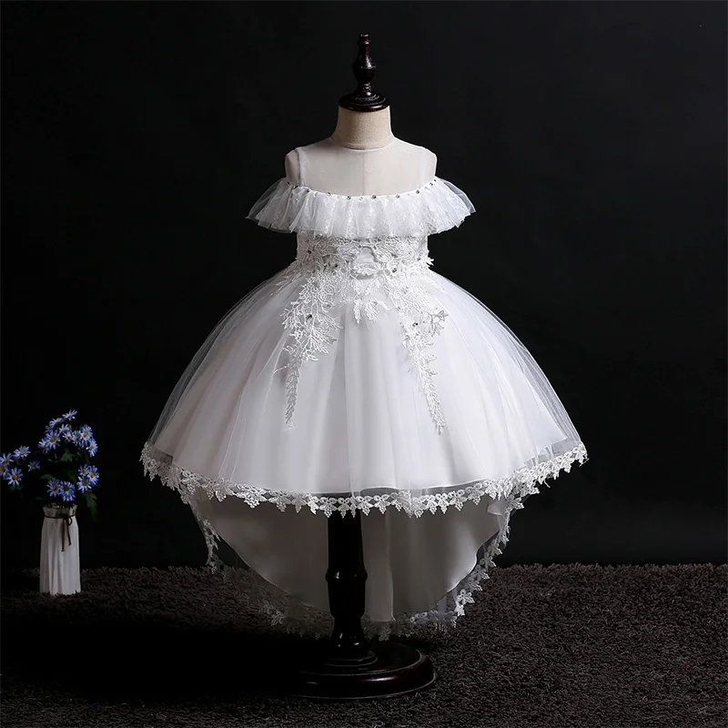 Skyyue/Пышное Платье для девочек кружевное платье с оборками, Кристальный тюль, платье с цветочным узором для девочек на свадьбу с круглым вырезом и бантом, платья для причастия 736 - Цвет: White