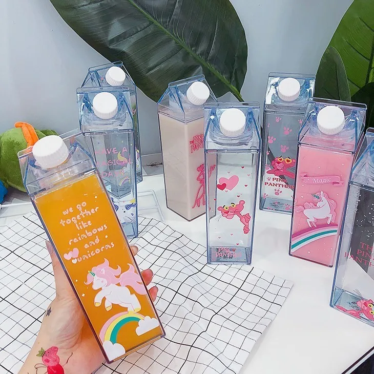 Милые бутылки для воды, коробка для молока, прозрачная пластиковая мультяшная розовая бутылка для напитков с принтом, бутылка для сока, бутылка для хранения свежести, 1 шт