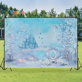 

Yeele Happy Birthday Baby Room Blue Castle Butterflies Tree Carriage Background Photophone Photography for Decor Customized Size