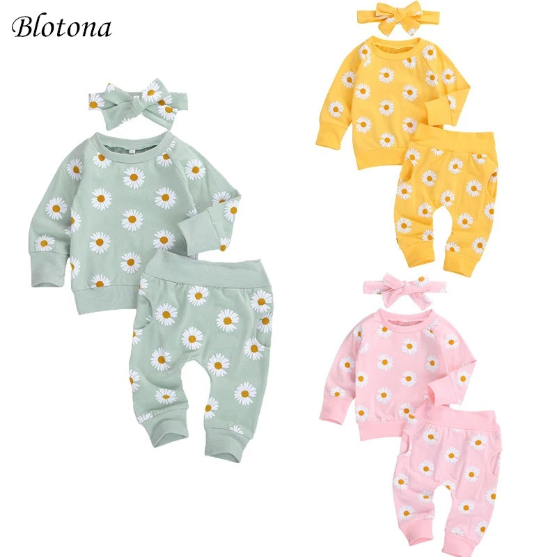 Baby Clothing Set Blotona Infant Baby Girl 3Pcs Clothes Set Cute Daisy Print Long Sleeve Sweatshirts Tops Pants Outfits Autumn Costumes 0-24M Baby Clothing Set