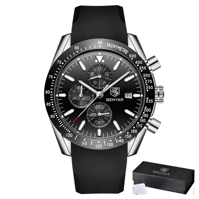 BENYAR New Brand Luxury Silicone Strap Waterproof Sports Quartz Chronograph Watch Classic Casual Men's Clock Relogio Masculino Black silver