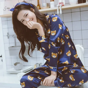 

5XL Larger Size 2pcs Cozy Homewear Autumn Women Pajamas Sets Silk Satin Underwear Sleepwear Cartoon Women Adults Pidzama Damska