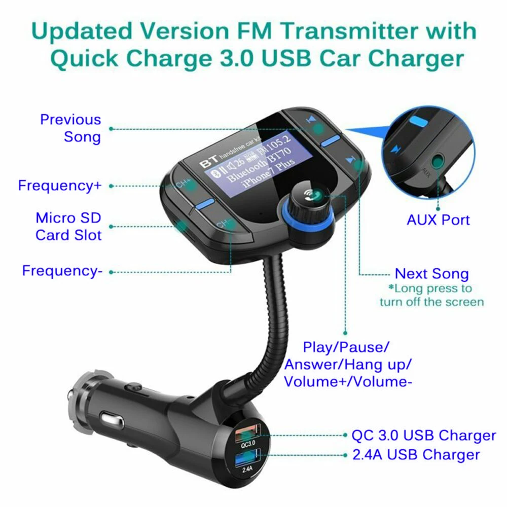 Авто черный Bluetooth fm-передатчик mp3-плеер Быстрая зарядка USB порт вольтметр