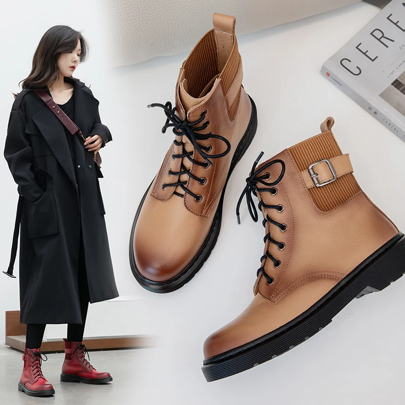 

INS women shoes ankle boots 22-25 cm winter boots European and American British style retro buckle Thread stitching Martin boots