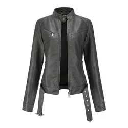 New Women Leather Coat Spring Autumn Long Sleeved With Belt Faux Leather Jacket Female Punk Outwear Ladies Biker Moto Outwear