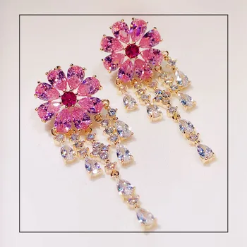 

Drop Earrings For Women 925 Silver Needles Pink Flower Long Tassels Cubic Zirconia Fine Jewelry Teenage Heart Bijoux Femme