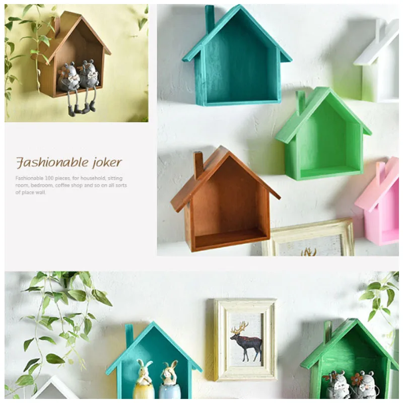 Nordic Wall Shelf Vintage Wood Wall Storage Shelf Rack House shape Storage Rack Room DIY Wall Decor Holder