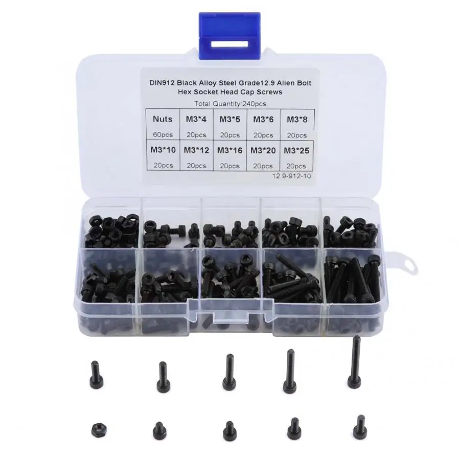 

240Pcs/set M3 Black Cylindrical Hex Socket Cup Screws Assortment Kit