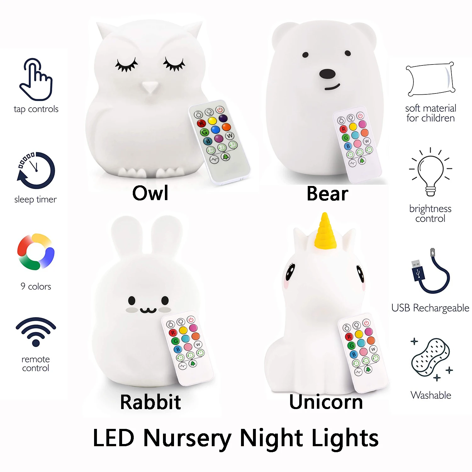 

Children Night Light LED Cute Silicone Anlimal Lamp 6 Colors Lighting Modes USB Rechargeable Remote Control Kids Baby Decor Xmas