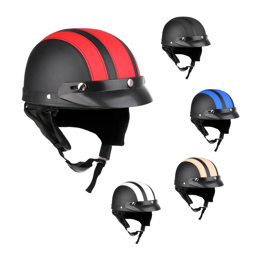 PU Leather Motorcycle Helmets Bike Bicycle Cycling Riding Helmet Open Half Face Detachable Visor & Scarf Men Women