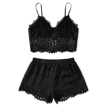 

Summer Lace Lingerie Straps Hollowed Pajamas Sleepwear Solid Deep V Neck Two Pieces Short Pants Underwear Women Nightdress Sets