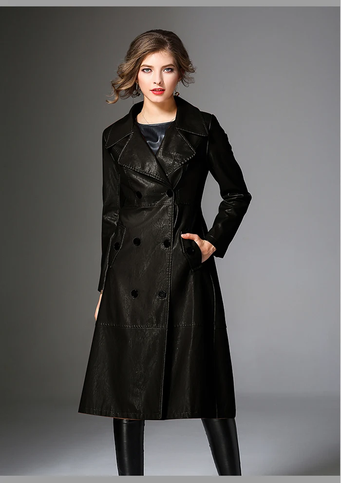 PU Long Leather Trench Coat Women 2019 New Autumn Winter Leather Trench Coat Slim Female Long Coats Plus Size M-3XL Outwear 12