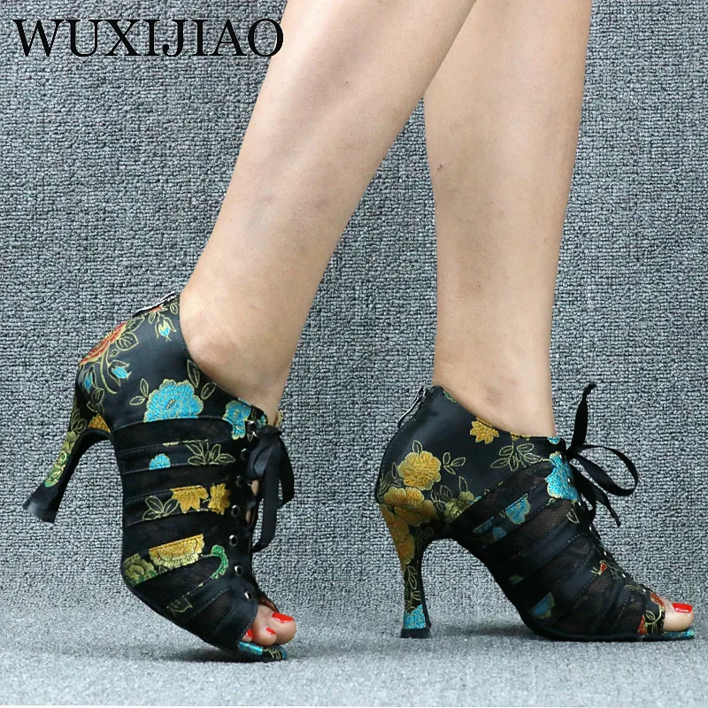 WUXIJIAO Ladies black mesh suede fashion cross strap sexy high heel sandals comfortable latin dance shoes salsa shoes