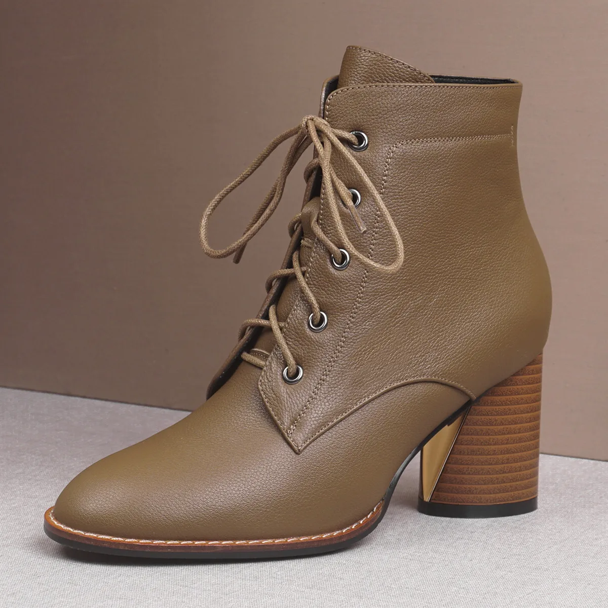 

Plus size 34-42 women's genuine leather thick high heel ankle boots autumn elegant ladies high heel comfortable short booties lace-up high quality shoes for women