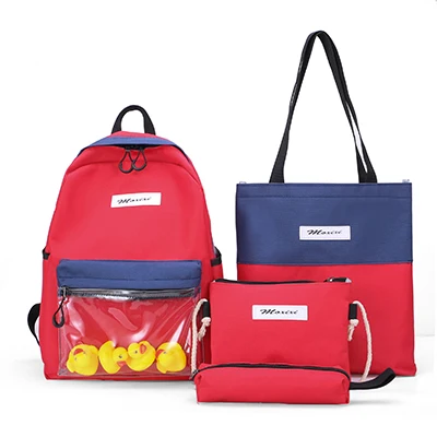 Women Backpack Waterproof Canvas Casual Travel Backpack Color Matching Multi-piece Yellow Duck Print Student Bag Cute Bookbag - Цвет: Red