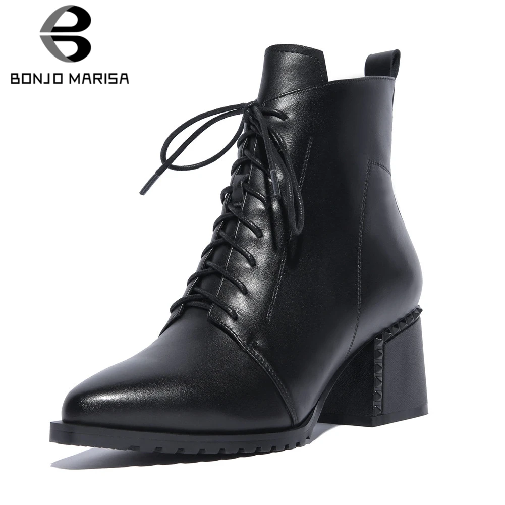 

BONJOMARISA New 34-42 Quality Genuine Leather Ankle Boots Women 2020 Mature lace-up Booties Ladies OL High Heels Shoes Woman
