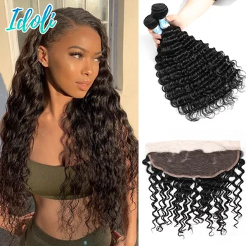 

Malaysian Deep Curly Hair 13*4 Frontal with Bundles 3Pcs Deep Wave Bundles with Frontal Human Hair Bundles With Lace Frontal