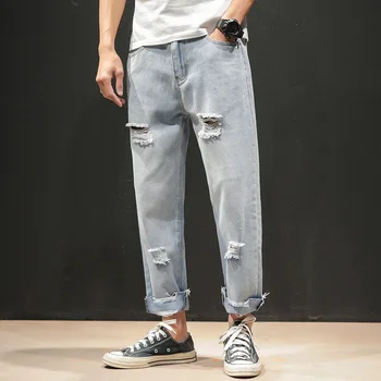 

Dropshipping Autumn Men Pocket Streetwear Demin Pants 2020 Mens Losse Shredded Jeans Male Slim fit Vintage Demin Pants