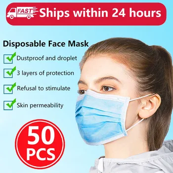 

50 Pcs Disposable Protective Mask 3 Layer Thickened Non-Woven Anti-Fog Dust Face Mask Breathable Hygiene Safety PM2.5 Mouth Mask